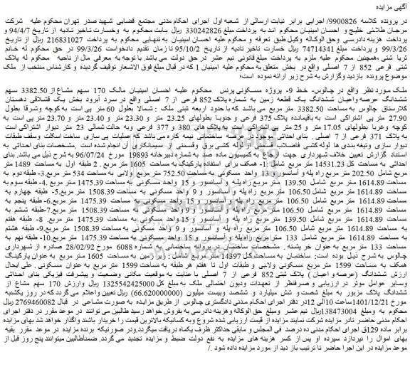 مزایده فروش 170 سهم مشاع از 3382.50 سهم ششدانگ عرصه واعیان ششدانگ یک قطعه زمین به شماره پلاک 852 فرعی از 7 اصلی