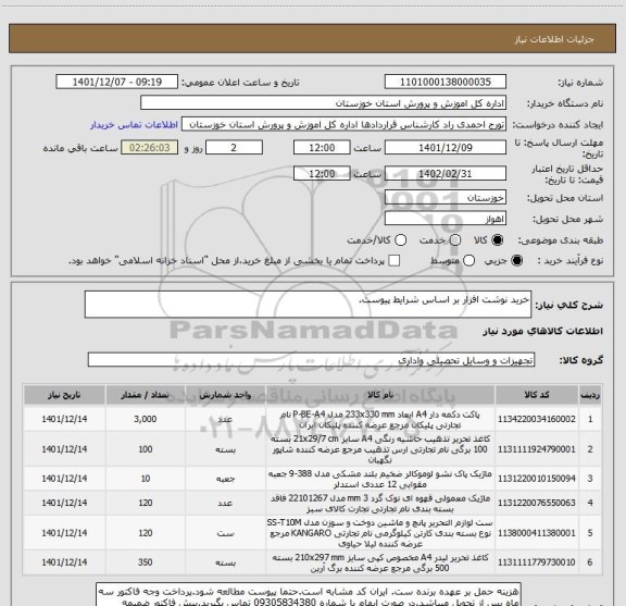 استعلام خرید نوشت افزار بر اساس شرایط پیوست.