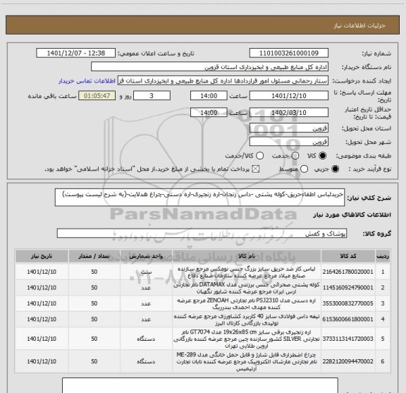 استعلام خریدلباس اطفاءحریق-کوله پشتی -داس زنجان-اره زنجیری-اره دستی-چراغ هدلایت-(به شرح لیست پیوست)