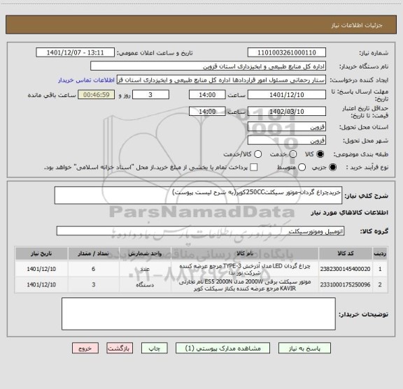 استعلام خریدچراغ گردان-موتور سیکلت250CCکویر(به شرح لیست پیوست)