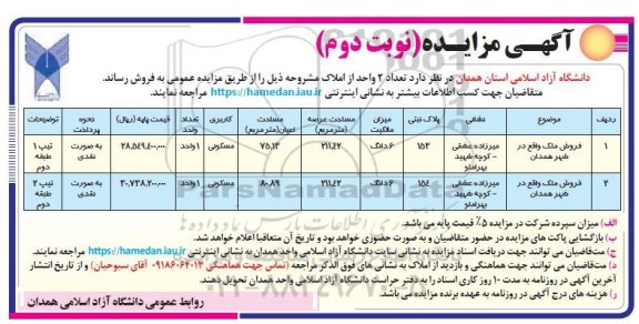 مزایده فروش دو ملک با کاربری مسکونی - نوبت دوم
