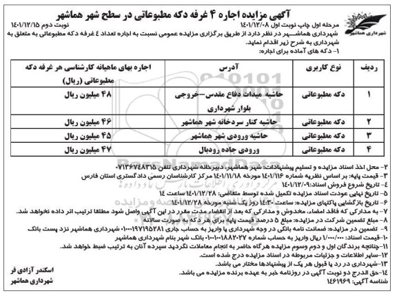 مزایده اجاره 4 غرفه دکه مطبوعاتی