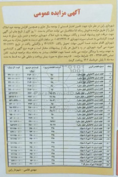 مزایده فروش 26 قطعه ملک