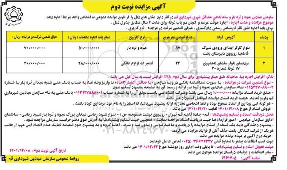 مزایده اجاره مکان با کاربری میوه و تره بار و تعمیرات لوازم خانگی - نوبت دوم