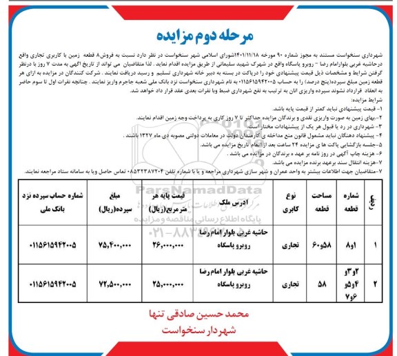 مزایده فروش 8 قطعه زمین با کاربری تجاری- مرحله دوم