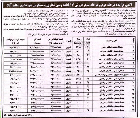 مزایده فروش 17 قطعه زمین تجاری و مسکونی بدون پروانه