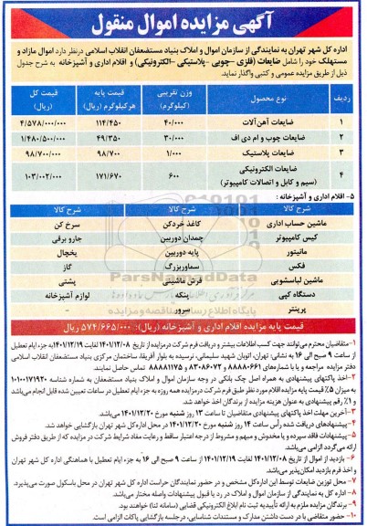 مزایده واگذاری اموال مازاد و مستهلک شامل ضایعات (فلزی ـ چوبی ـ پلاستیکی ـ الکترونیکی)