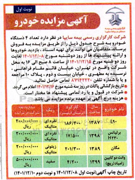 مزایده فروش تعداد 4 دستگاه خودرو