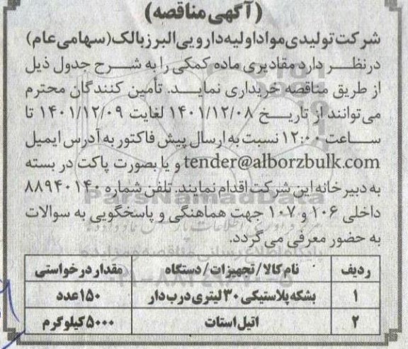 مناقصه مقادیری ماده کمکی 