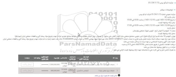 مزایده ضایعات ذوبی بلوک شده و...