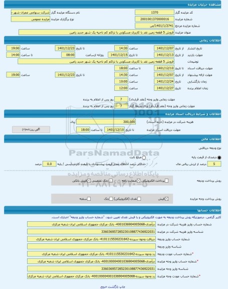 مزایده ، فروش 5 قطعه زمین نقد با کاربری مسکونی با تراکم کم ناحیه یک شهر جدید رامین  -مزایده زمین  - استان خوزستان
