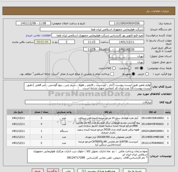 استعلام لوازم تعمیر طبق لیست پیوست (آجار , انبردست , فازمتر , هویه , سیم چین , پیچ گوشتی , انبر قفلی )،طبق لیست پیوست،12 عدد،ایران کد انتخابی جهت تشابه است.