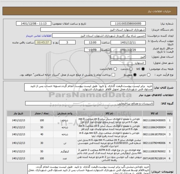 استعلام خرید  برابر لیست پیوست.قیمت گذاری  و تایید  طبق لیست پیوست انجام گردد.تسویه حساب پس از تایید مسئول فنی شهرداری.محل تحویل اقلام  شهرداری اشتهارد