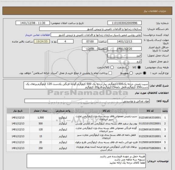 استعلام سیب زمینی درجه یک1500کیلوگرم، پیاز درجه یک 500 کیلوگرم،گوجه فرنگی یکدست 120 کیلوگرم،پرتقال یک دست250 کیلوگرم،فلفل دلمه15کیلوگرم،قارچ20 کیلوگرم