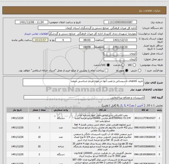 استعلام خرید کالاهای تاسیساتی و نصب آنها در موزه مردم شناسی میمند