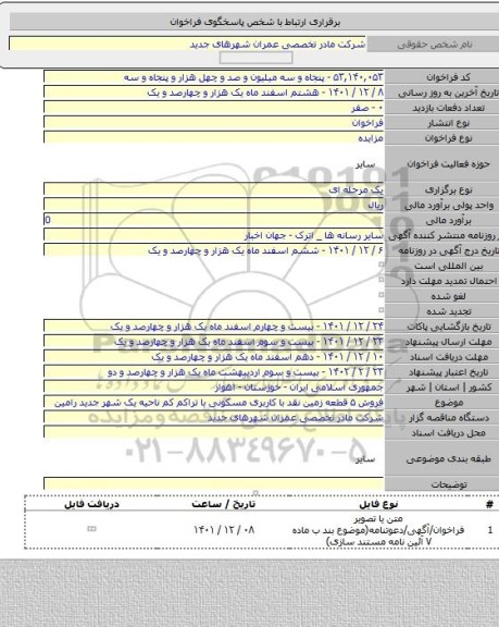 مزایده, فروش ۵ قطعه زمین نقد با کاربری مسکونی با تراکم کم ناحیه یک شهر جدید رامین