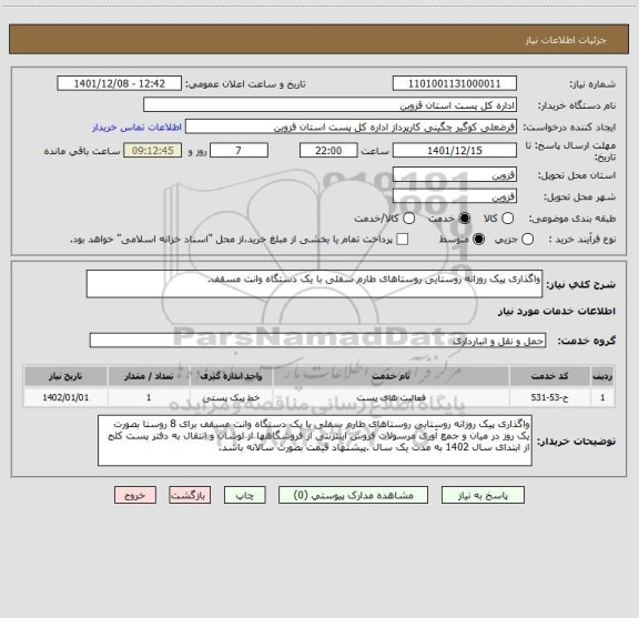 استعلام واگذاری پیک روزانه روستایی روستاهای طارم سفلی با یک دستگاه وانت مسقف.