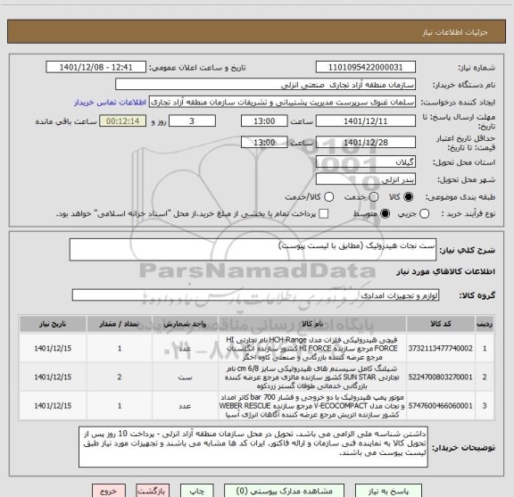 استعلام ست نجات هیدرولیک (مطابق با لیست پیوست)