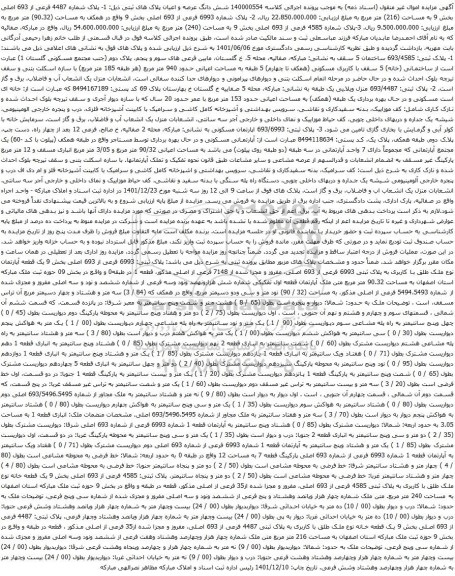 آگهی مزایده شش دانگ عرصه و اعیان پلاک های ثبتی ذیل: 1- پلاک شماره 4487 فرعی از 693 اصلی بخش 9