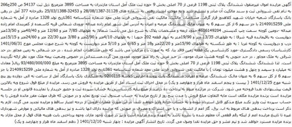 آگهی مزایده ششدانگ پلاک ثبتی 1198 فرعی از 70 اصلی بخش 9 حوزه ثبت ملک آمل