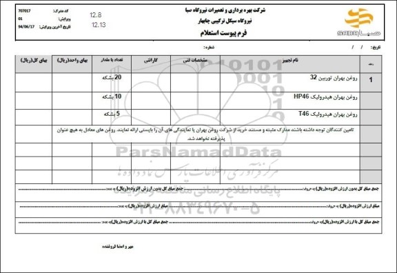 استعلام روغن بهران توربین..