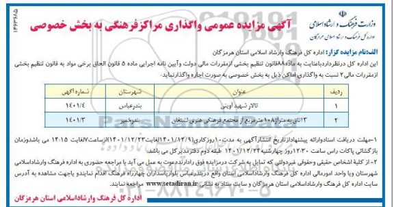 مزایده واگذاری تالار شهید آوینی