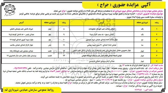 مزایده اجاره عرصه و مجوز موقت تعدادی از مکان های مشخص بابت برپایی چادر ...
