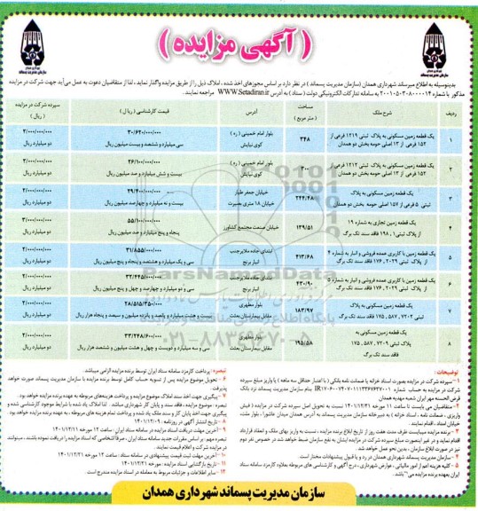 مزایده واگذاری 8 قطعه زمین مسکونی
