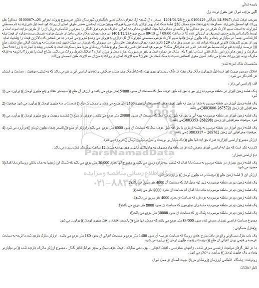 مزایده فروش یک قطعه زمین آبیزار