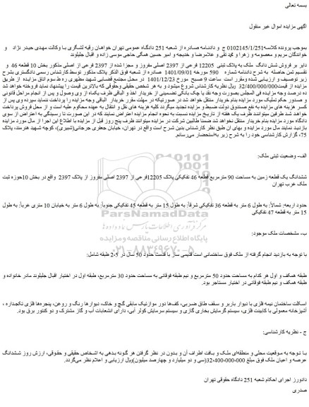 مزایده فروش شش دانگ ملک به پلاک ثبتی 12205 فرعی از 2397 اصلی مفروز و مجزا شده از 2397 فرعی از اصلی