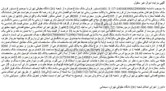 مزایده فروش ششدانگ یک قطعه مغازه به پلاک ثبتی68361 فرعی از 2395اصلی مفروز مجزی شده از 8260فرعی از اصلی
