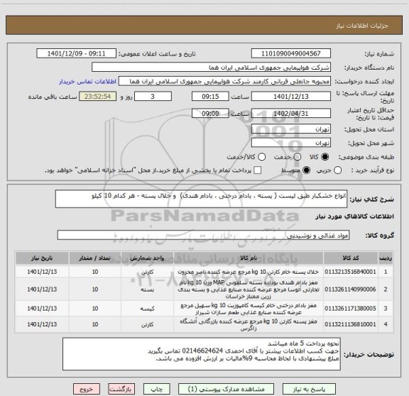 استعلام انواع خشکبار طبق لیست ( پسته ، بادام درختی ، بادام هندی)  و خلال پسته - هر کدام 10 کیلو