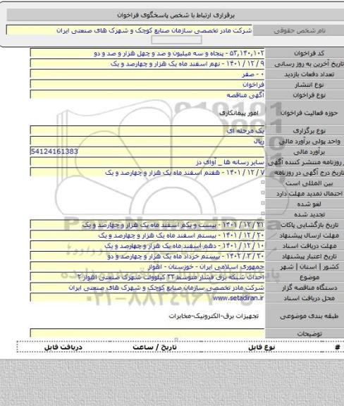 مناقصه, احداث شبکه برق فشار متوسط ۳۳ کیلوولت شهرک صنعتی اهواز ۲