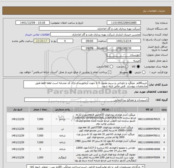 استعلام خرید6قلم  میلگرد و ناودانی و سیم مفتول 2.5 جهت آرماتوربندی.اران کد مشابه است لطفا فقط طبق مشخصات پیوست  فنی مالی ارایه شود.