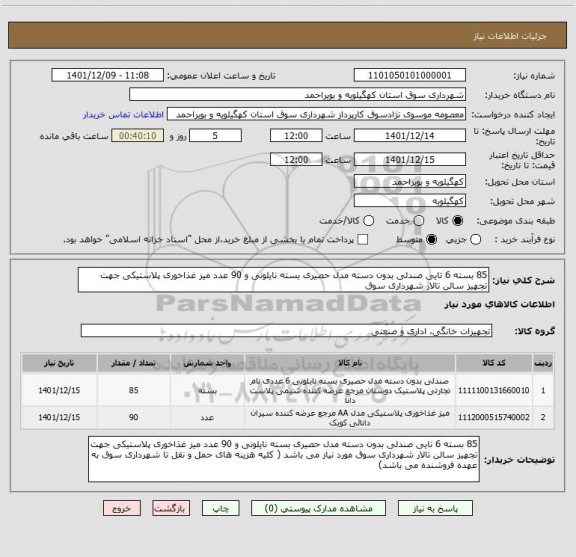 استعلام 85 بسته 6 تایی صندلی بدون دسته مدل حصیری بسته نایلونی و 90 عدد میز غذاخوری پلاستیکی جهت  تجهیز سالن تالار شهرداری سوق