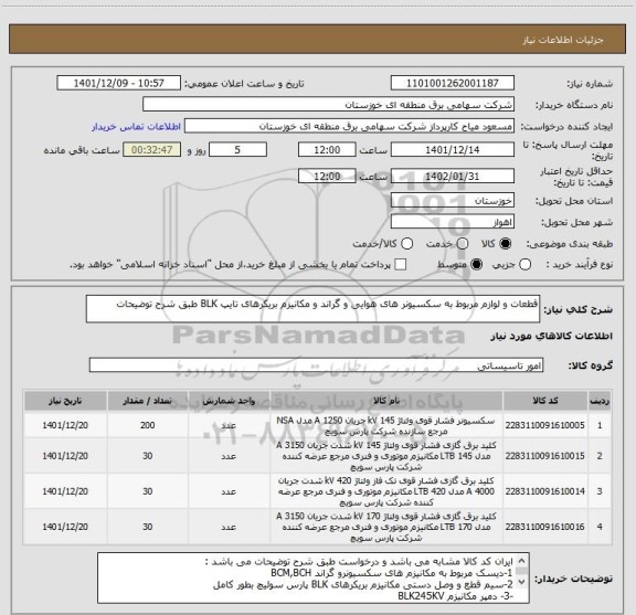 استعلام قطعات و لوازم مربوط به سکسیونر های هوایی و گراند و مکانیزم بریکرهای تایپ BLK طبق شرح توضیحات