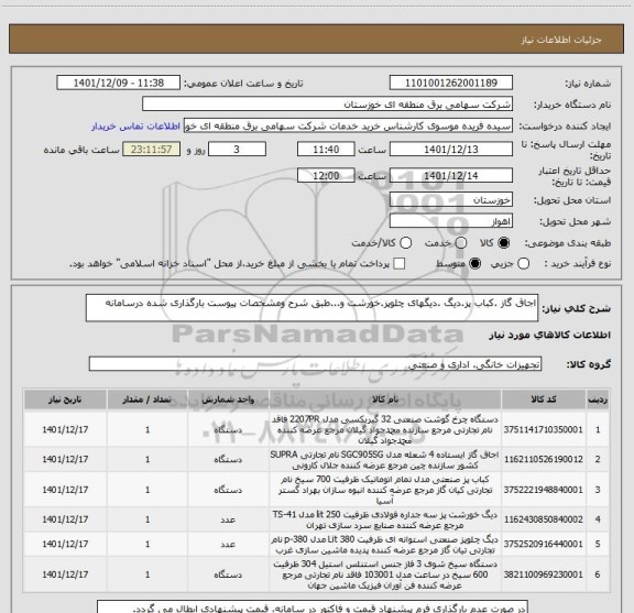 استعلام اجاق گاز .کباب پز.دیگ .دیگهای چلوپز.خورشت و...طبق شرح ومشخصات پیوست بارگذاری شده درسامانه