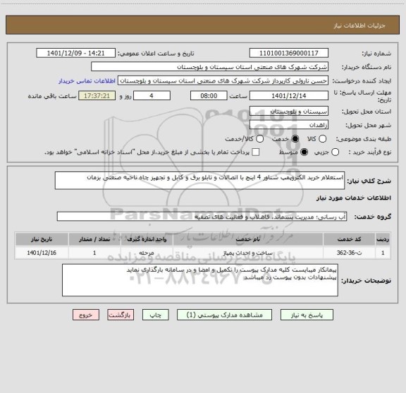 استعلام استعلام خرید الکتروپمپ شناور 4 اینچ با اتصالات و تابلو برق و کابل و تجهیز چاه ناحیه صنعتی بزمان
