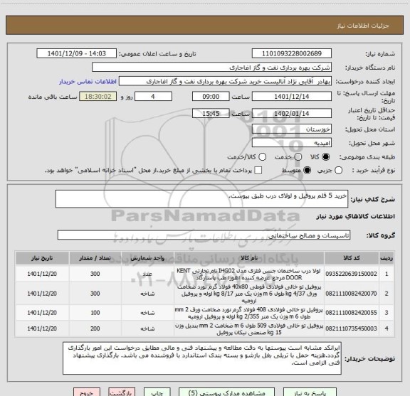 استعلام خرید 5 قلم پروفیل و لولای درب طبق پیوست.