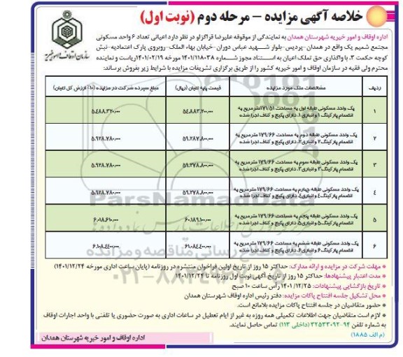  مزایده فروش شش واحد مسکونی مجتمع شمیم مرحله دوم نوبت اول 