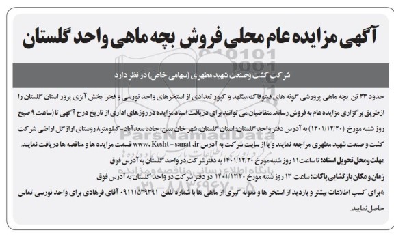 مزایده عام محلی فروش بچه ماهی