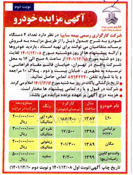 مزایده فروش تعداد 4 دستگاه خودرو نوبت دوم