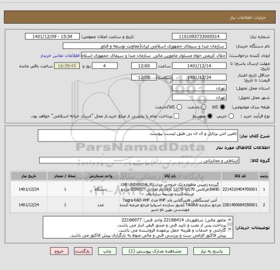 استعلام تامین انتن پرتابل و ال ان بی طبق لیست پیوست