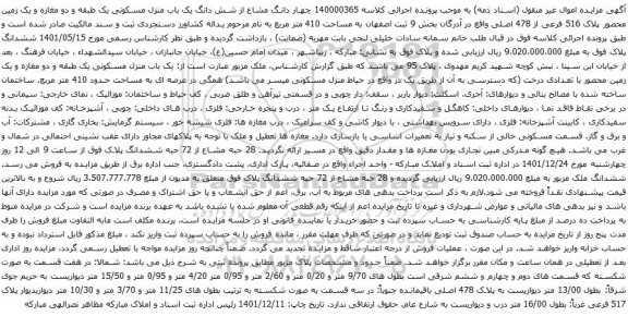 مزایده چهار دانگ مشاع از شش دانگ یک باب منزل مسکونی