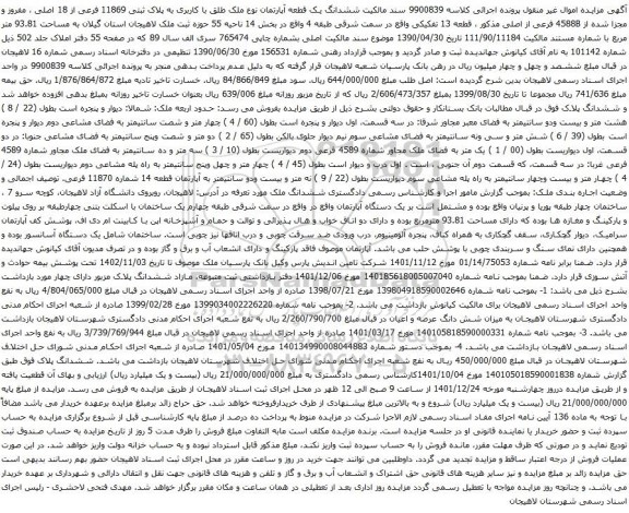 مزایده ششدانگ یک قطعه آپارتمان