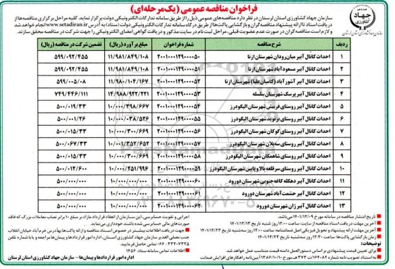 مناقصه عمومی احداث کانال آببر میان رودان...