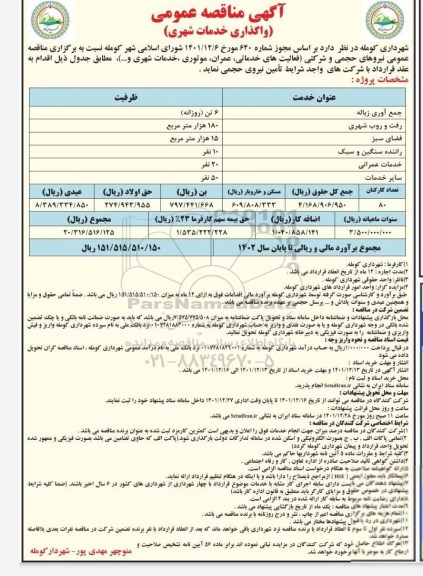 مناقصه واگذاری خدمات شهری