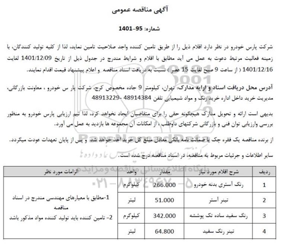  مناقصه رنگ آستری بدنه خودرو ...