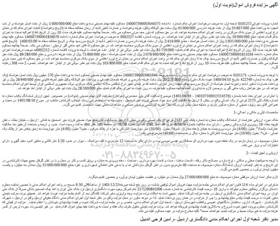 مزایده فروش ششدانگ یکباب مغازه به شماره پلاک ثبتی 2173 فرعی از یک اصلی 