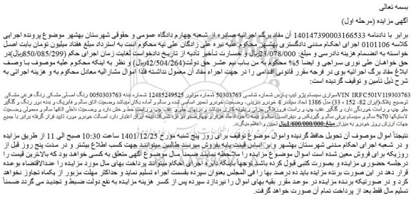 مزایده سواری سیستم پژو تیپ پارس